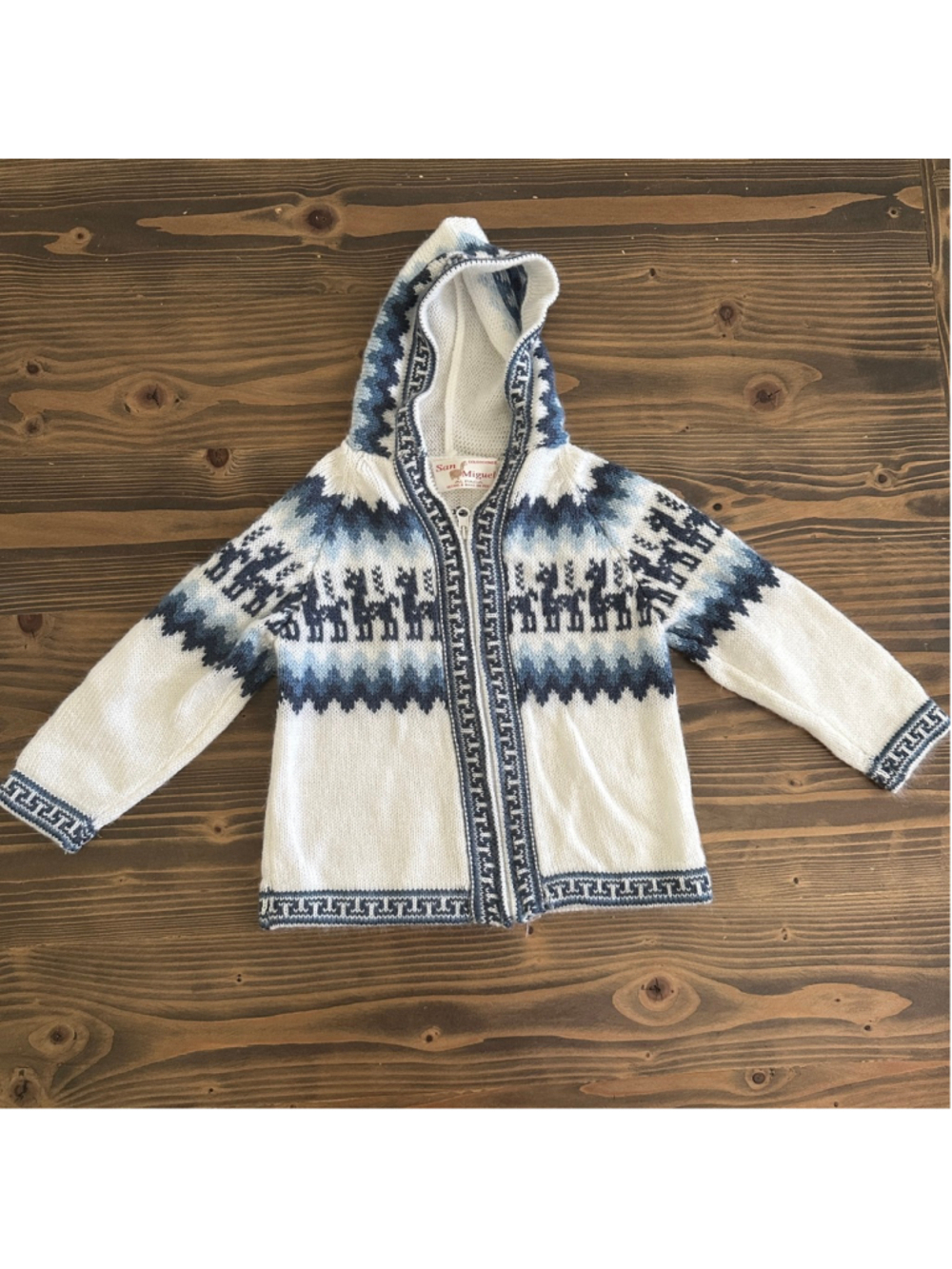 Boys San Miguel Alpaca Hooded Sweater 4 White Blue Llama Pattern Handcrafted